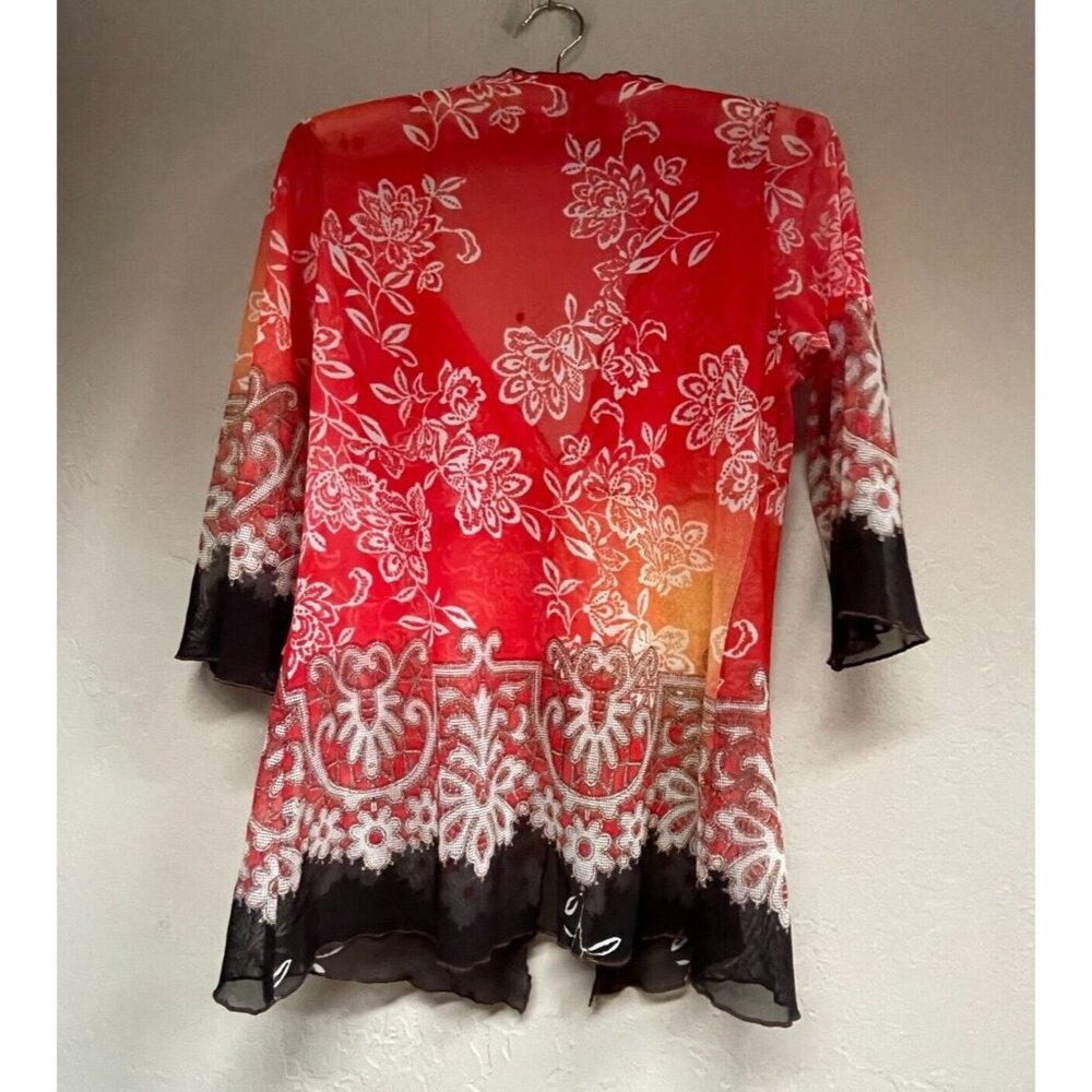Vine Street Womens V-Neck Twist Front Floral Lettuce Trim 3/4 Sleeve Top Medium